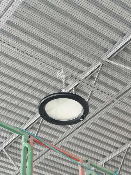Stealth bird netting installed beneath a loading dock canopy at an Amazon warehouse in Waynesboro Virginia